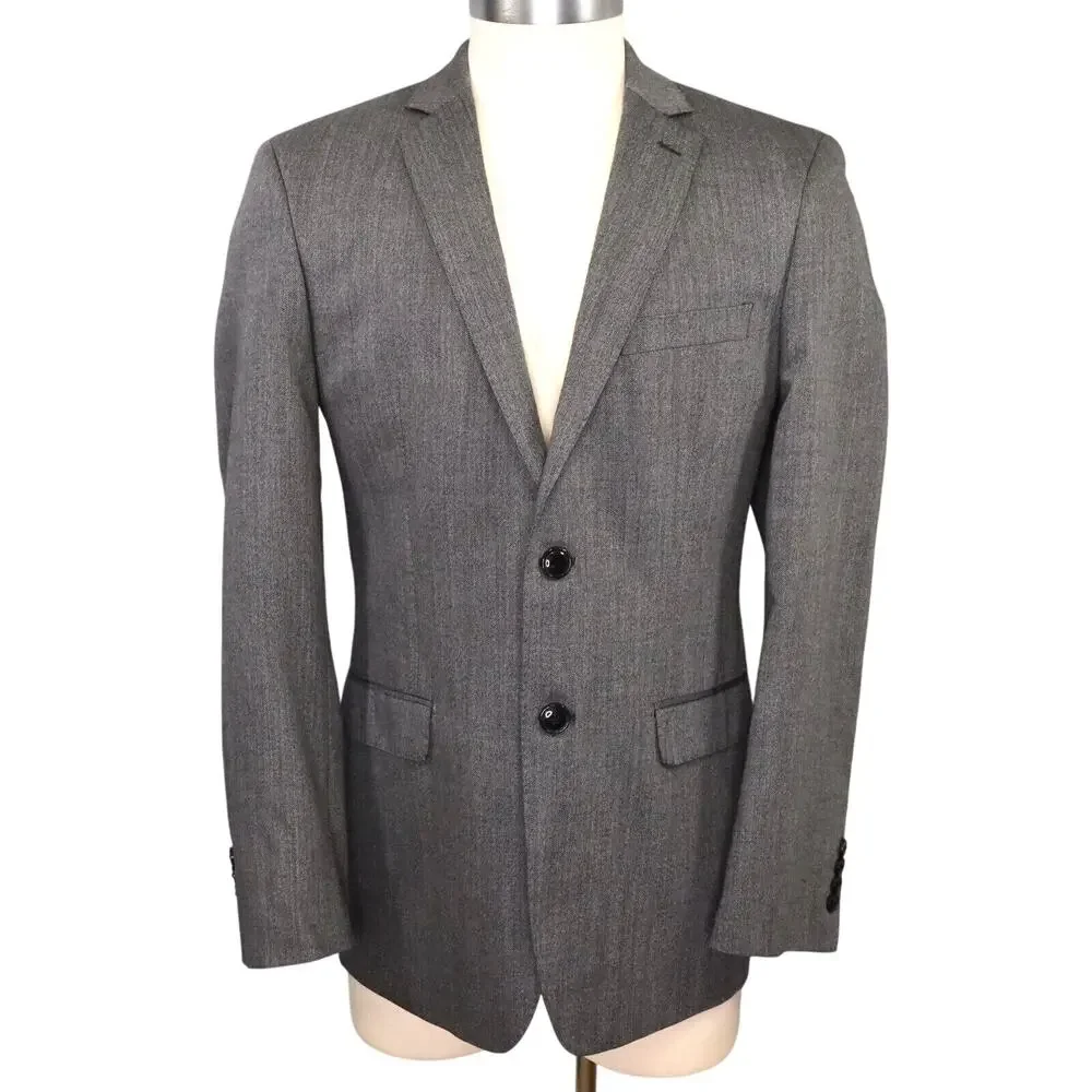 DKNY Sport Coat Mens 42L Gray Wool Herringbone Check Jacket Lined Blazer Career - Picture 1 of 16
